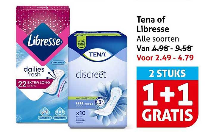 Tena of Libresse Alle soorten 2 STUKS 1+1 GRATIS
