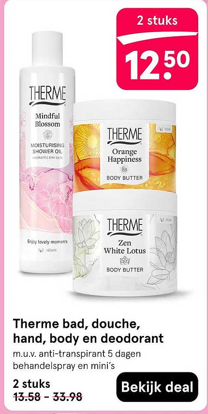 Therme bad, douche, hand, body en deodorant m.u.v. anti-transpirant 5 dagen behandelspray en mini's 2 stuks