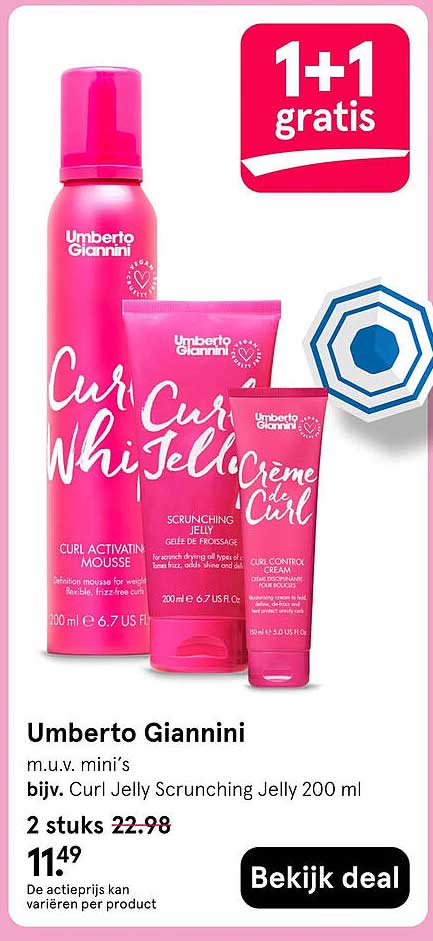 Umberto Giannini m.u.v. mini’s bijv. Curl Jelly Scrunching Jelly 200 ml 1+1 gratis