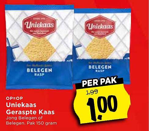 Uniekaas Geraspte Kaas Jong Belegen of Belegen. Pak 150 gram