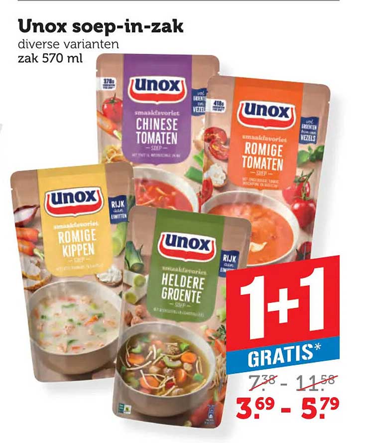 Unox soep-in-zak diverse varianten zak 570 ml 1+1 gratis