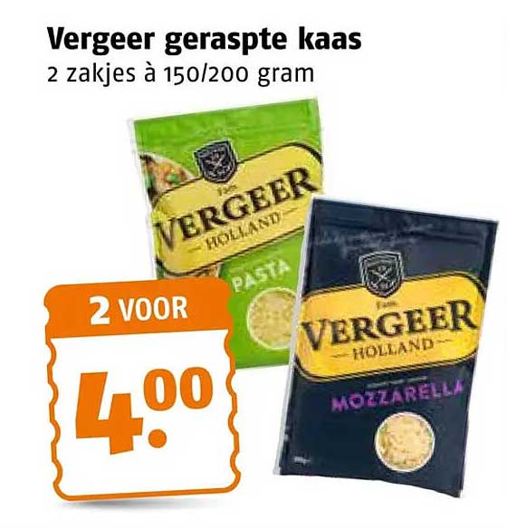 Vergeer geraspte kaas 2 zakjes à 150/200 gram 2 voor 4.00