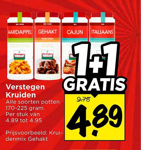 Verstegen Kruiden Alle soorten potten 170-225 gram. Per stuk van 4.89 tot 4.95 1+1 GRATIS
