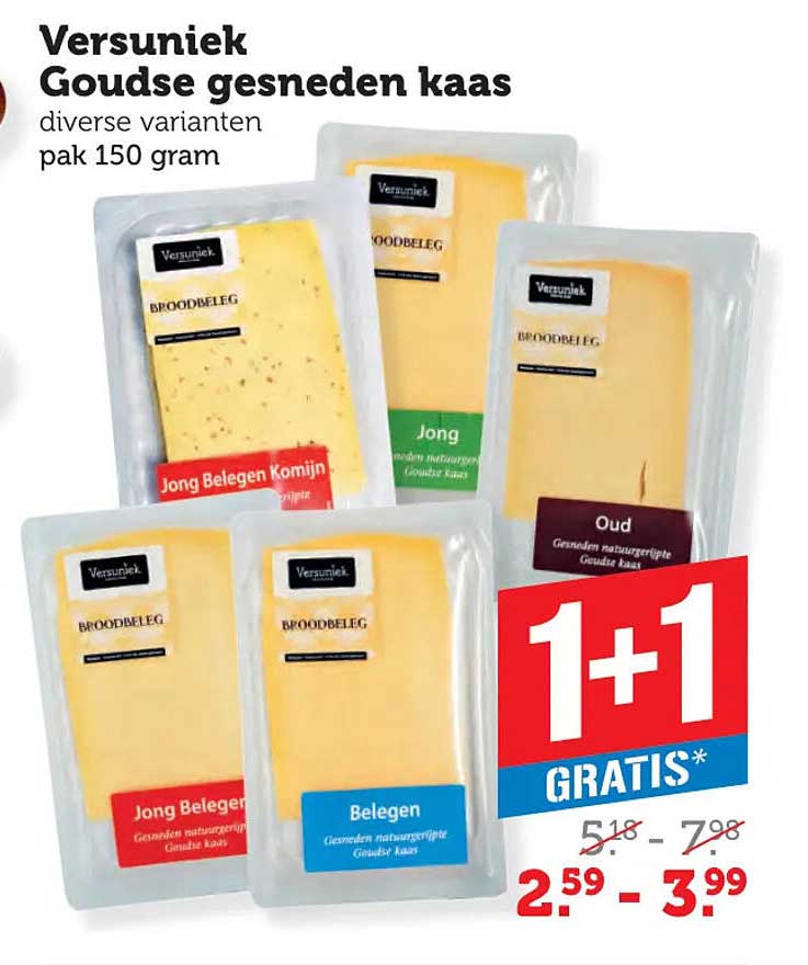 Versuijk Goudse gesneden kaas diverse varianten pak 150 gram 1+1 GRATIS