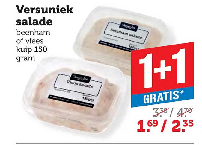 Versuniek salade beenham of vlees kuip 150 gram 1+1 gratis