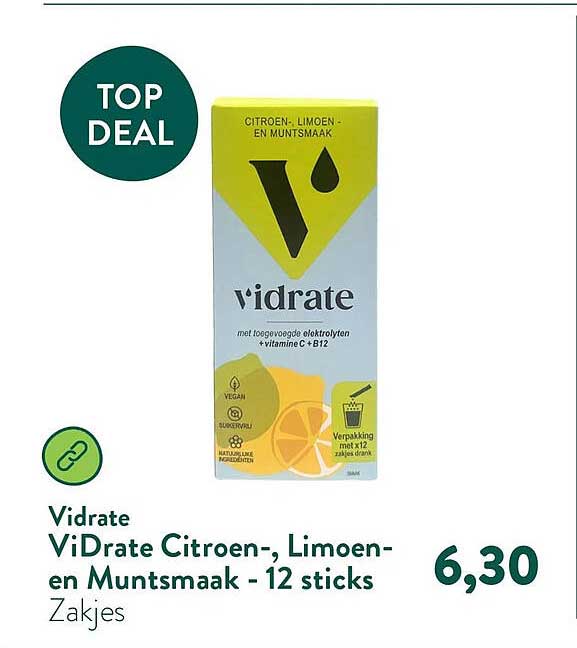 ViDrate Citroen-, Limoen- en Muntsmaak - 12 sticks Zakjes