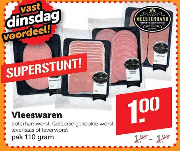 Vleeswaren boterhamworst, Gelderse gekookte worst, leverkaas of leverworst pak 110 gram SUPERSUNT! vast dinsdag voordeel!