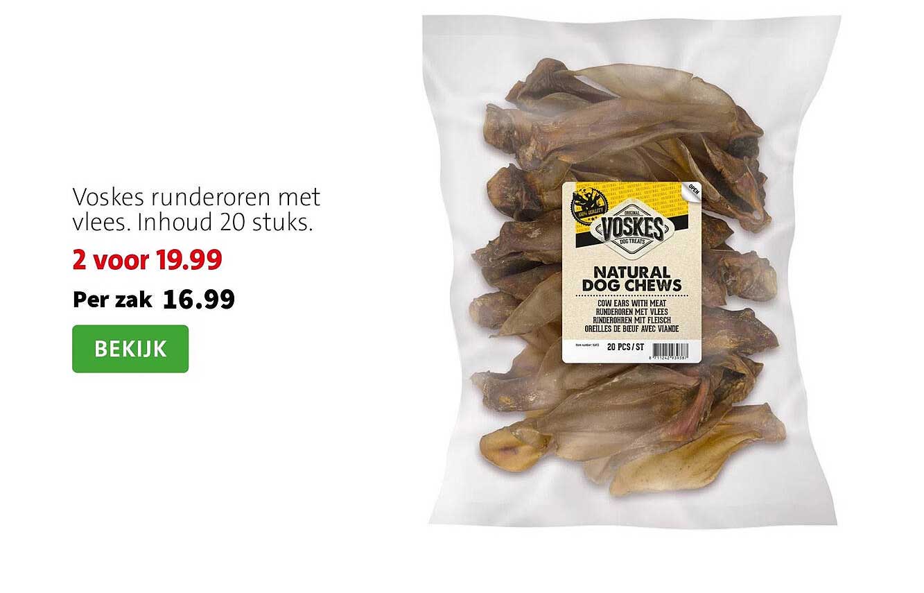 Voskes runderoren met vlees. Inhoud 20 stuks.