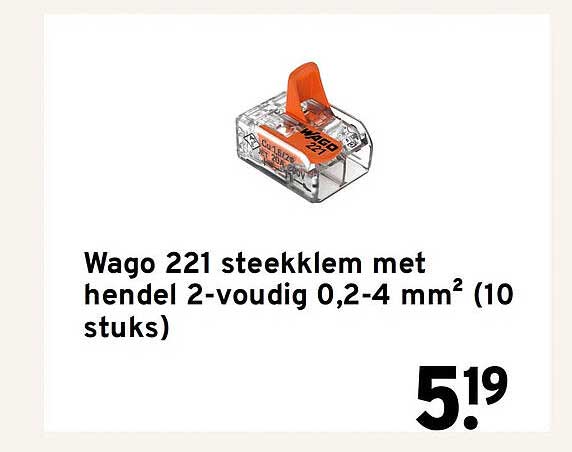 Wago 221 steekklem met hendel 2-voudig 0,2-4 mm² (10 stuks)