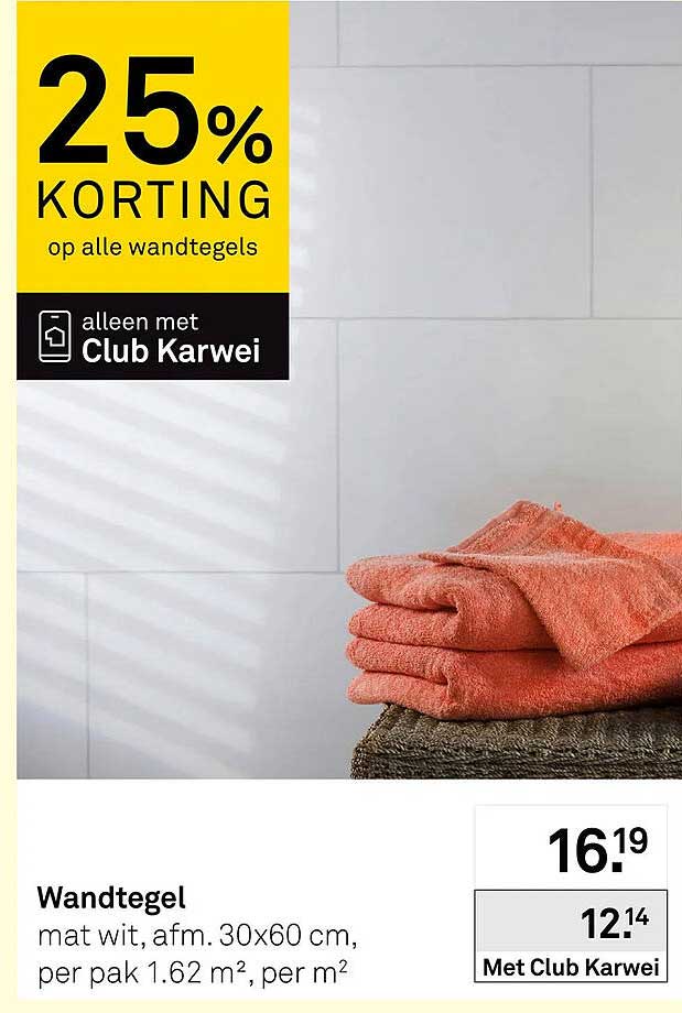 Wandtegel mat wit, afm. 30x60 cm, per pak 1.62 m², per m² 25% KORTING op alle wandtegels alleen met Club Karwei