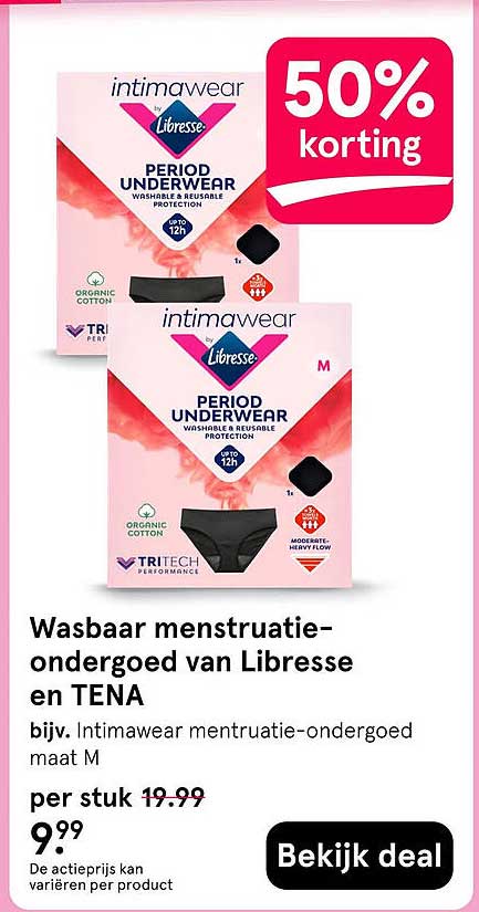 Wasbaar menstruatie-ondergoed van Libresse en TENA 50% korting