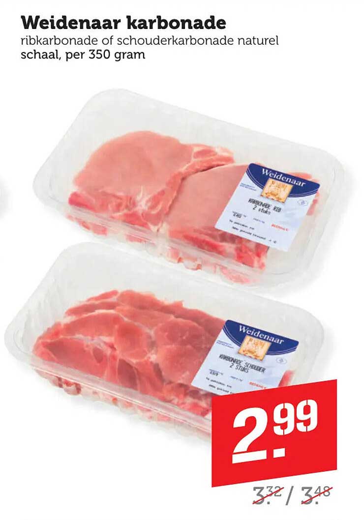 Weidenaar karbonade ribkarbonade of schouderkarbonade naturel schaal, per 350 gram