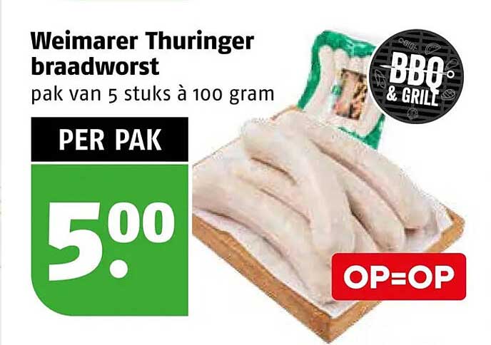 Weimarer Thuringer braadworst pak van 5 stuks à 100 gram OP=OP