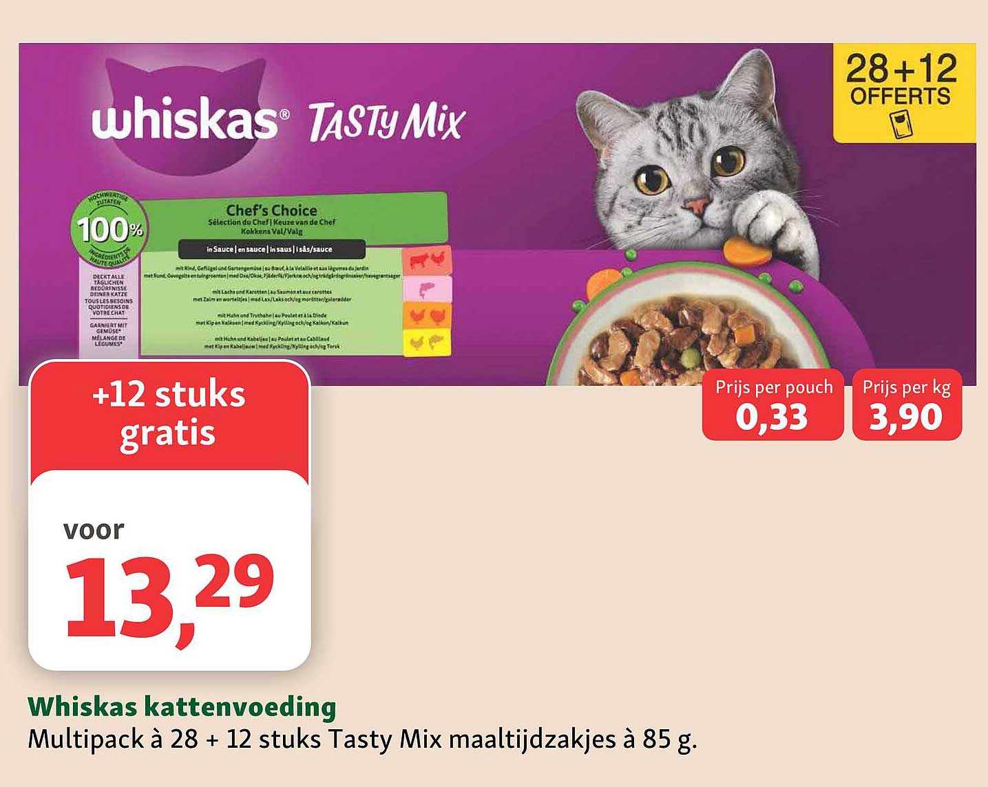 Whiskas kattenvoeding Multipack à 28 + 12 stuks Tasty Mix maaltijdzakjes à 85 g. +12 stuks gratis