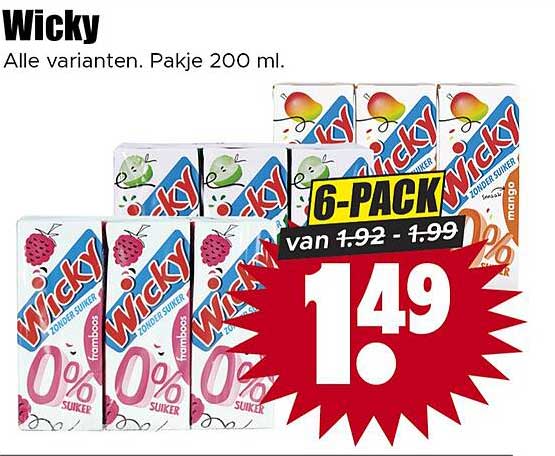 Wicky Alle varianten. Pakje 200 ml. 6-PACK
