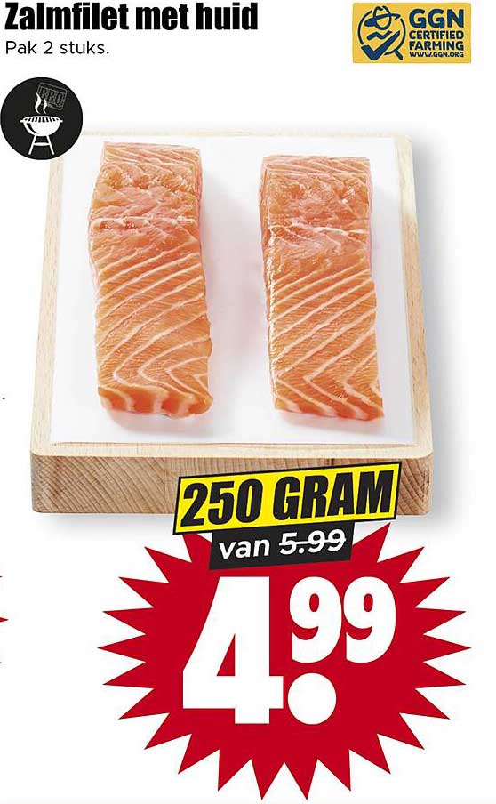 Zalmfilet met huid Pak 2 stuks. 250 GRAM