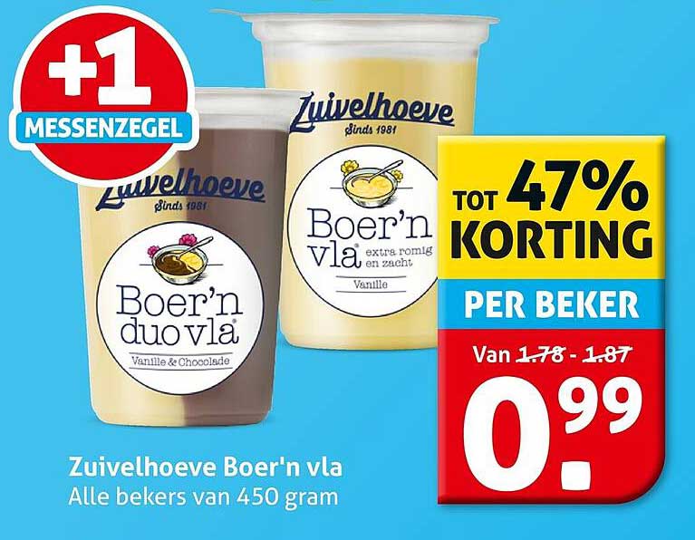 Zuivelhoeve Boer'n vla Alle bekers van 450 gram +1 MESSENZEGEL
