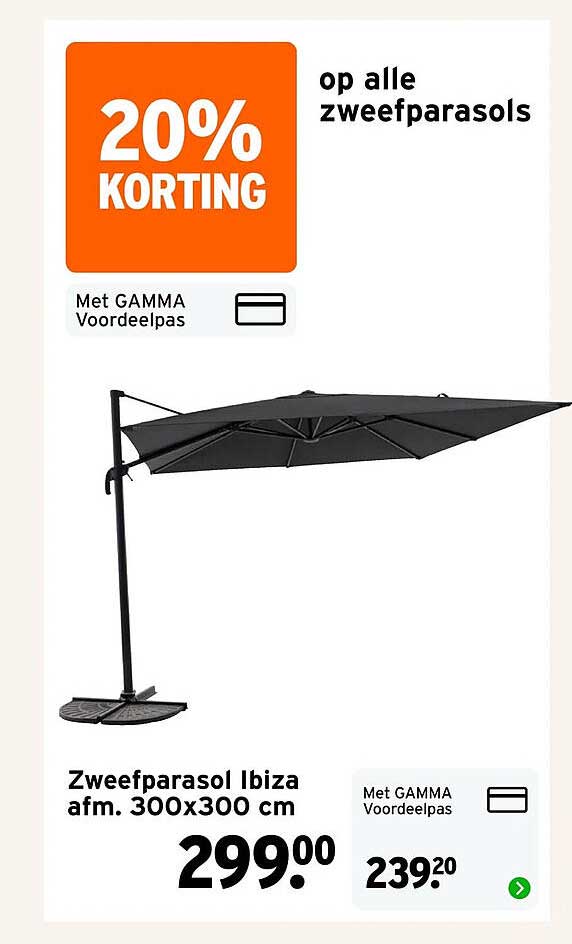 Zweefparasol Ibiza afm. 300x300 cm 20% KORTING