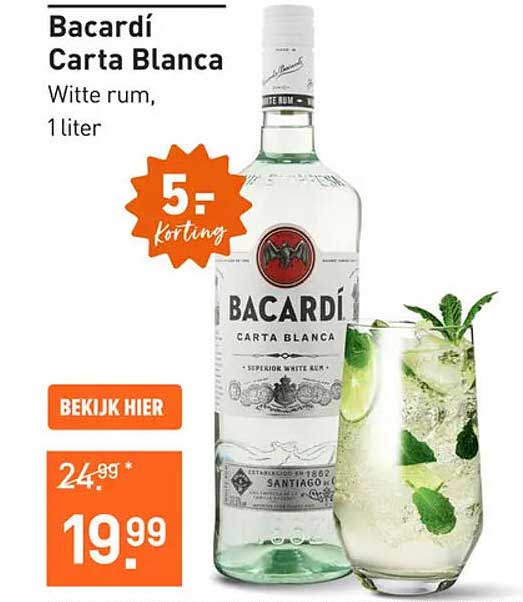 Bacardí Carta Blanca - Witte rum, 1 liter