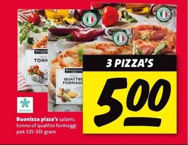Buonizza pizza's salami, tonno of quattro formaggi pak 325-335 gram