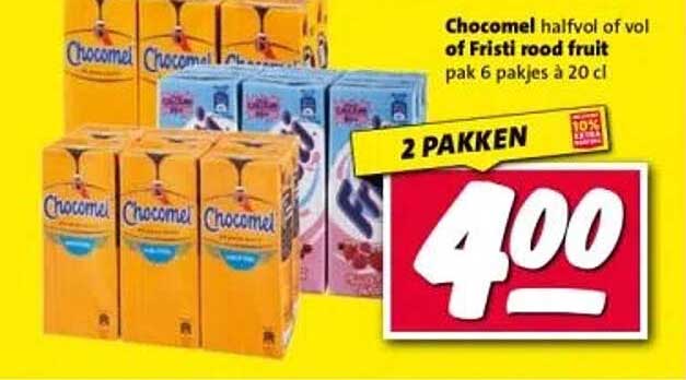 Chocomel halfvol of vol of Fristi rood fruit pak 6 pakjes à 20 cl