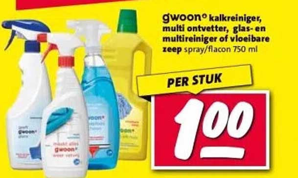 gwoon® kalkreiniger, multi ontvetter, glas- en multi reiniger of vloeibare zeep spray/flacon 750 ml