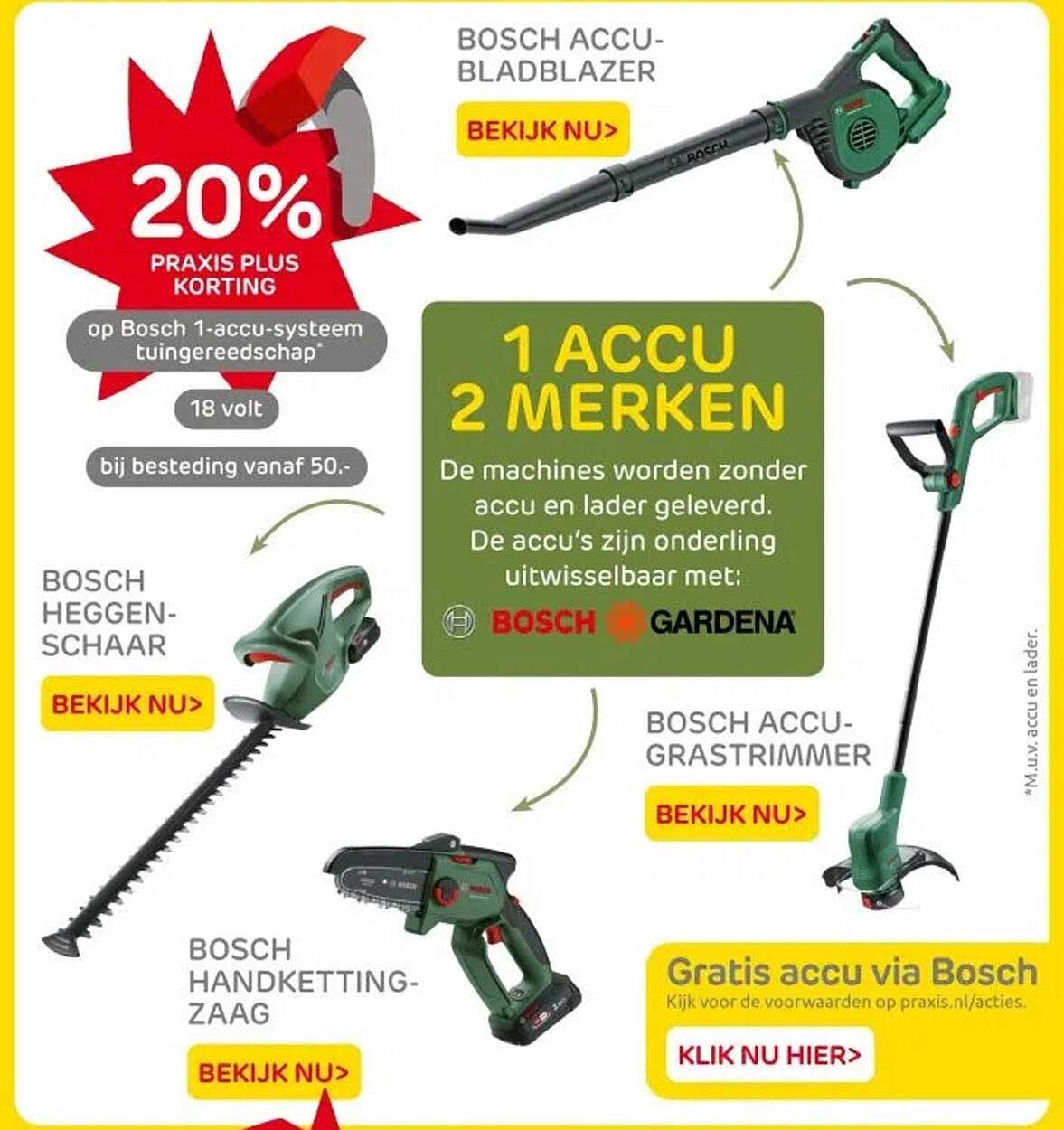 20% PRAKTIJK PLUS KORTING op Bosch 1-accu-systeem tuingereedschap*