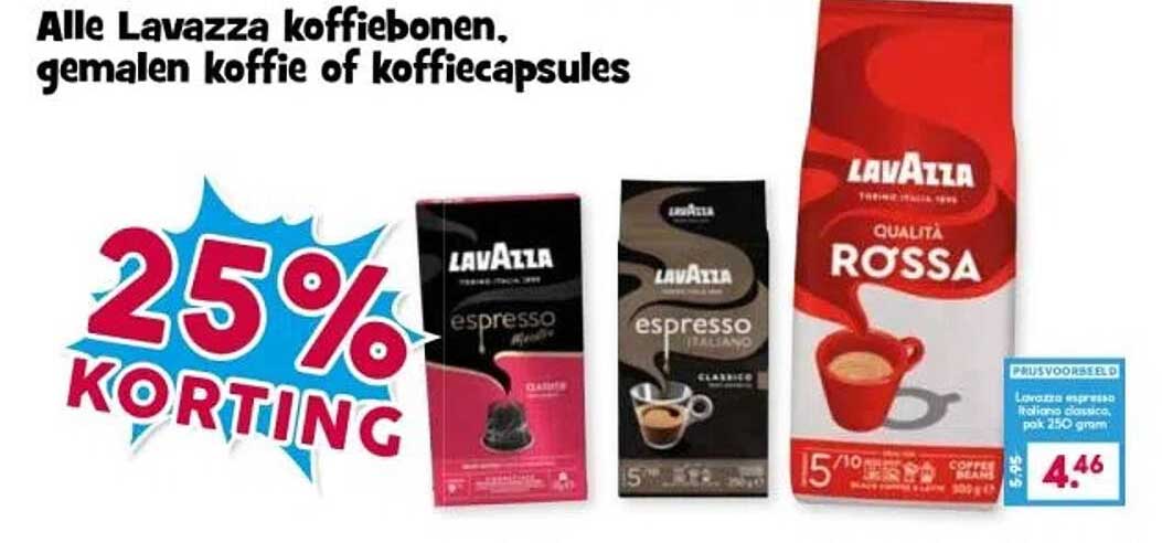 Alle Lavazza koffiebonen, gemalen koffie of koffiecapsules 25% korting