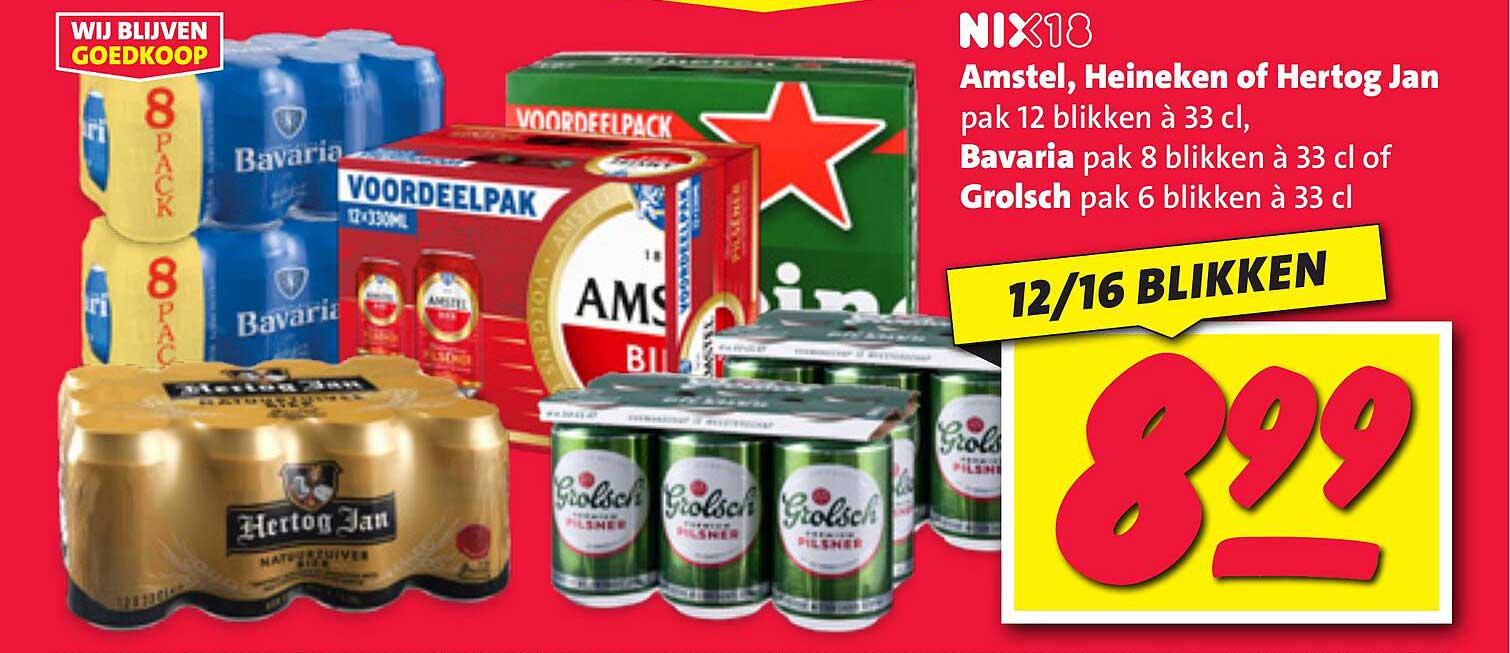 Amstel, Heineken of Hertog Jan pak 12 blikken à 33 cl, Bavaria pak 8 blikken à 33 cl of Grolsch pak 6 blikken à 33 cl