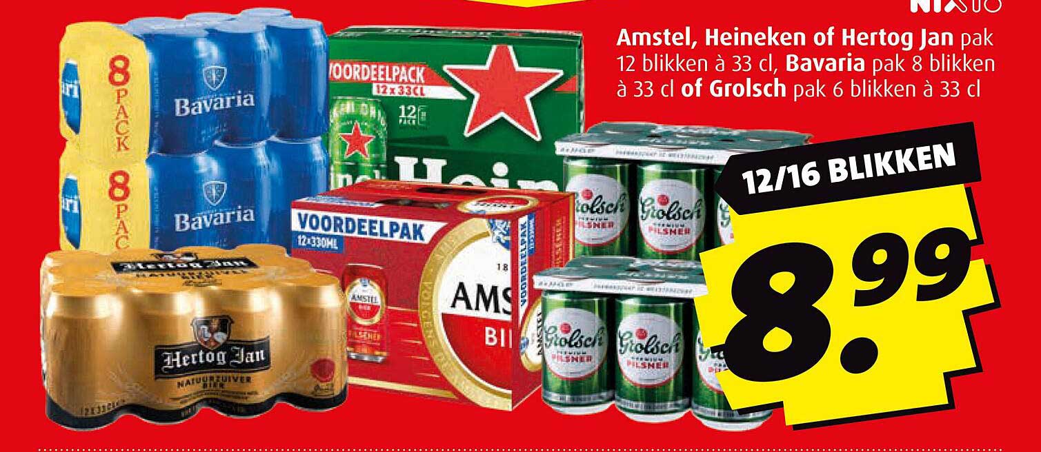 Amstel, Heineken of Hertog Jan pak 12 blikken à 33 cl, Bavaria pak 8 blikken of Grolsch pak 6 blikken à 33 cl