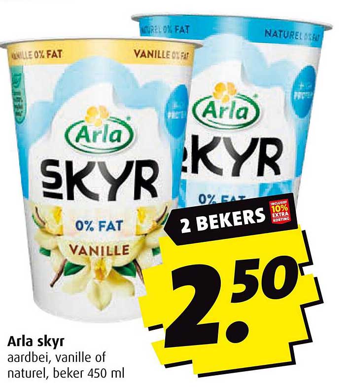 Arla skyr aardbei, vanille of naturel, beker 450 ml