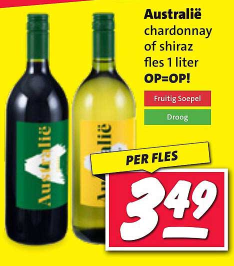 Australië chardonnay of shiraz fles 1 liter OP=OP!