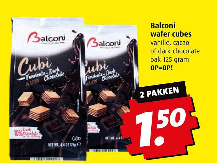 Balconi wafer cubes vanille, cacao of dark chocolate pak 125 gram