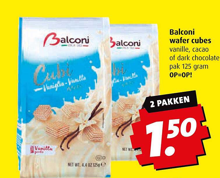 Balconi wafer cubes vanille, cacao of dark chocolate pak 125 gram OP=OP!