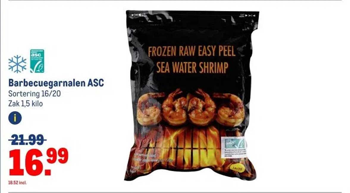 Barbecueregarnalen ASC Sortering 16/20 Zak 1,5 kilo