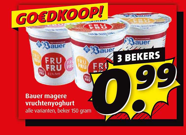 Bauer magere vruchtencyoghurt alle varianten, beker 150 gram