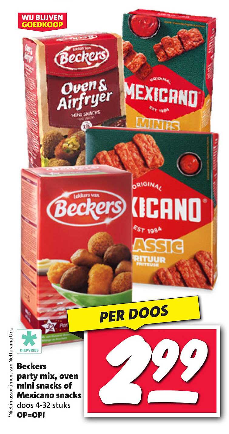 Beckers party mix, oven mini snacks of Mexicano snacks doos 4-32 stuks