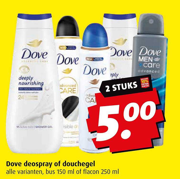 Dove deospray of douchegel alle varianten, bus 150 ml of flacon 250 ml