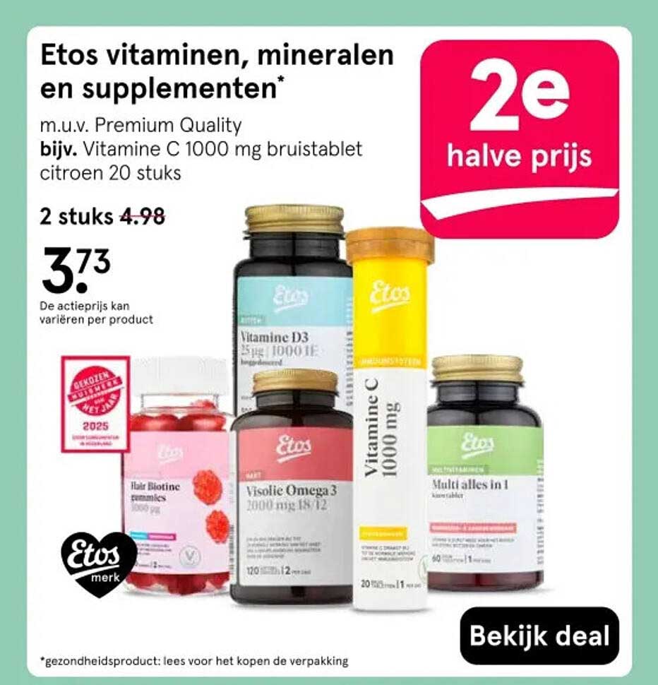 Etos vitamines, mineralen en supplementen* m.u.v. Premium Quality bijv. Vitamine C 1000 mg bruistablet citroen 20 stuks