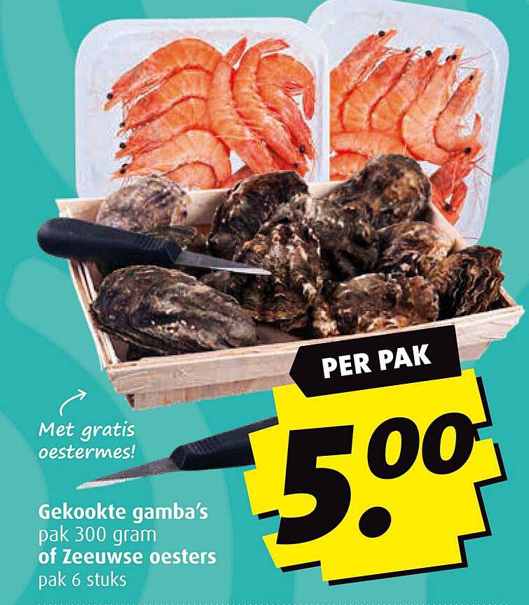 Gekookte gamba’s pak 300 gram of Zeeuwse oesters pak 6 stuks