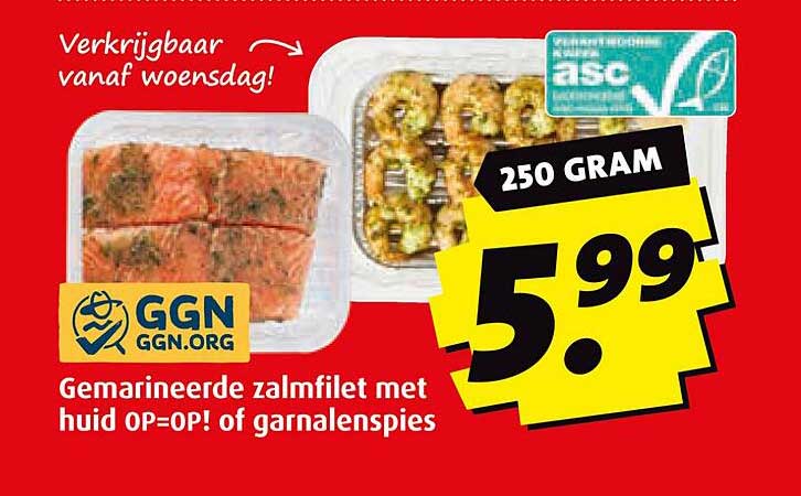 Gemarineerde zalmfilet met huid OP=OP! of garnalenspies