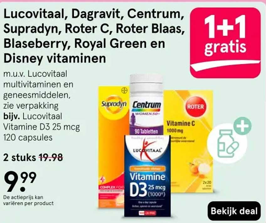 Lucovitaal, Dagravit, Centrum, Supradyn, Roter C, Roter Blaas, Blaseberry, Royal Green en Disney vitamines