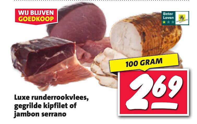 Luxe runderrookvlees, gegrilde kipfilet of jambon serrano