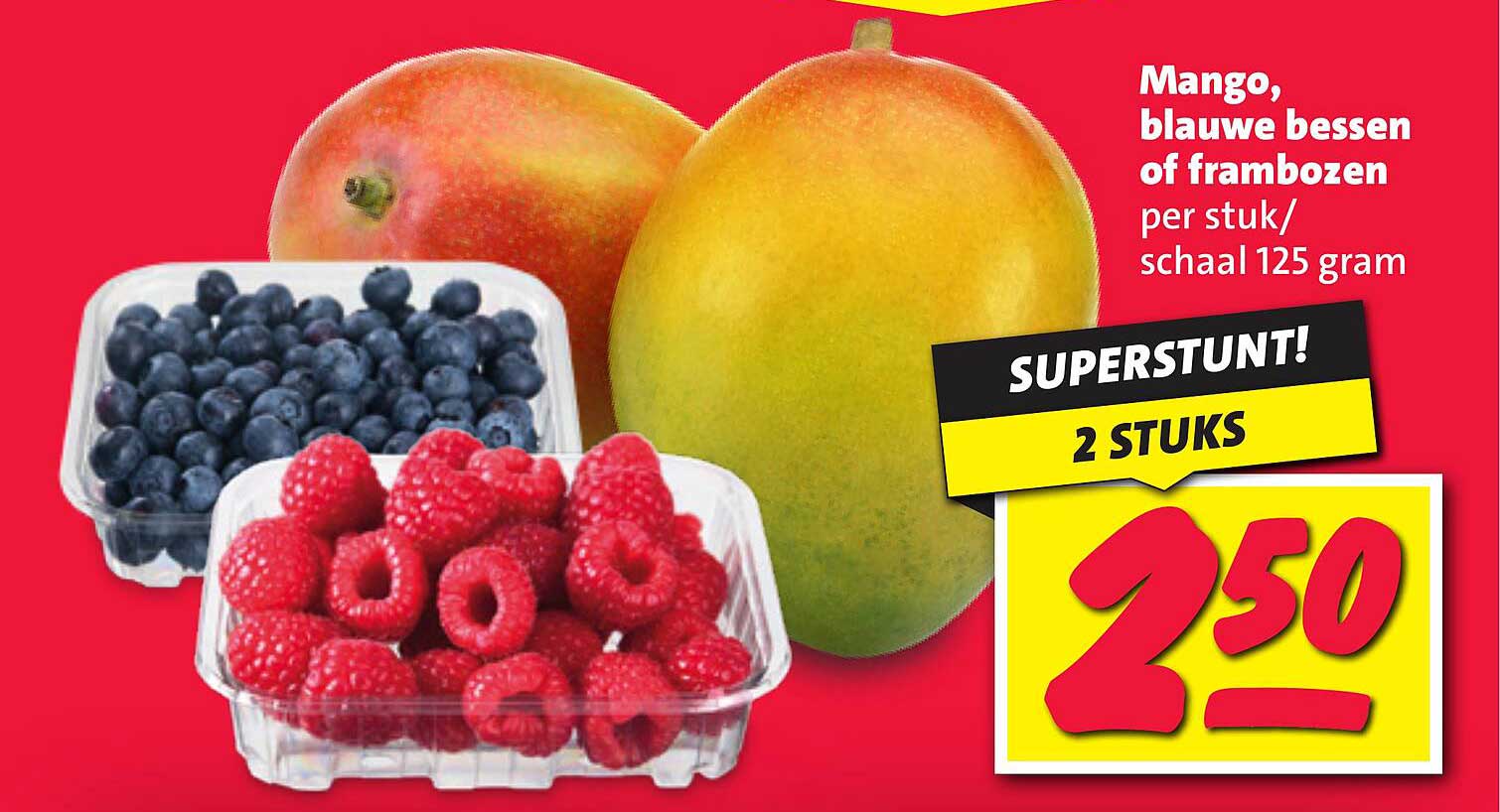 Mango, blauwe bessen of frambozen per stuk/ schaal 125 gram