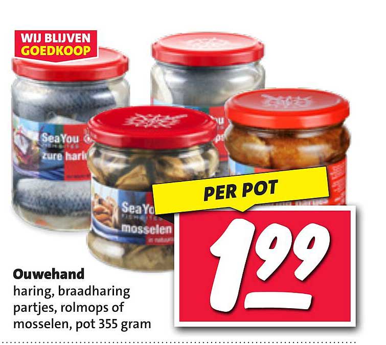 Ouwehand haring, braadharing partjes, rolmops of mosselen, pot 355 gram