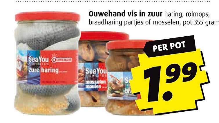 Ouwehand vis in zuur haring, rolmops, braadharing partjes of mosselen, pot 355 gram