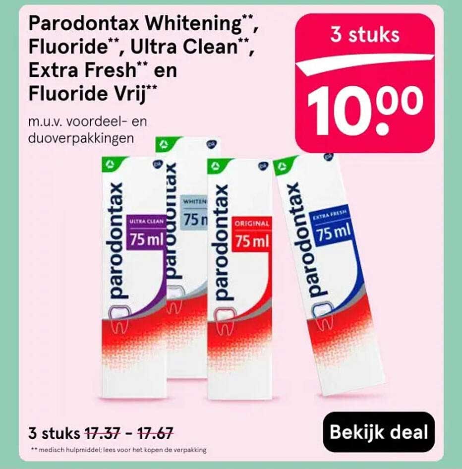 Parodontax Whitening**, Fluoride**, Ultra Clean**, Extra Fresh** en Fluoride Vrij**