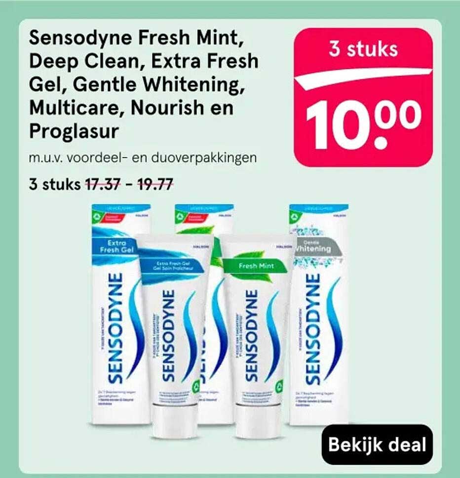 Sensodyne Fresh Mint, Deep Clean, Extra Fresh Gel, Gentle Whitening, Multicare, Nourish en Proglasur