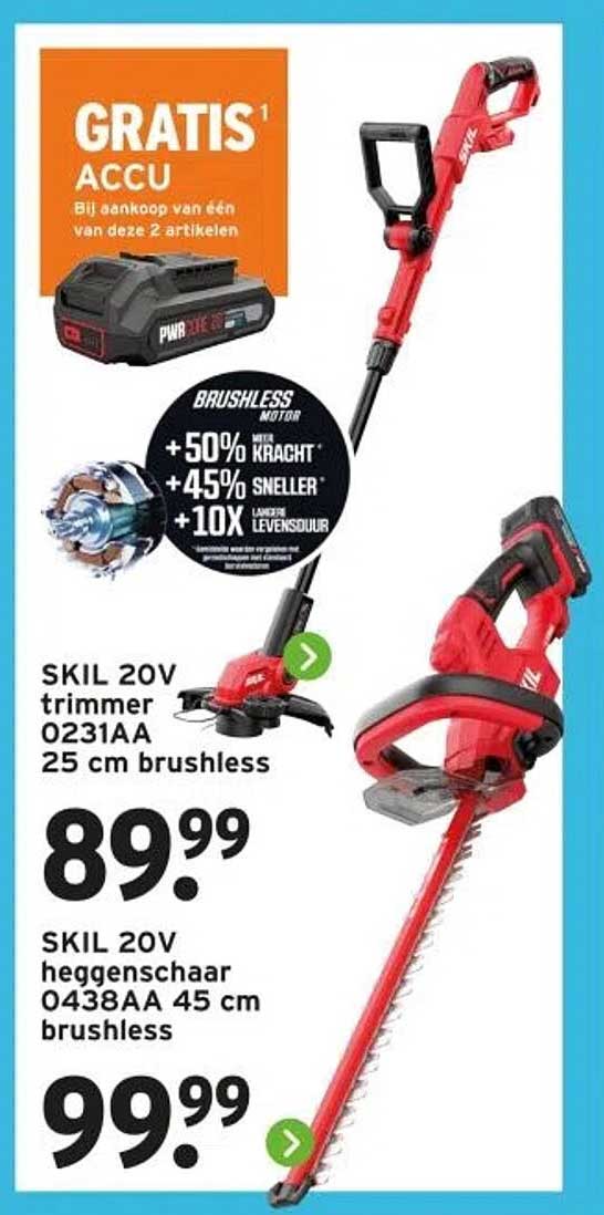 SKIL 20V trimmer 0231AA 25 cm brushless voor 89,99 en SKIL 20V hegenschaar 0438AA 45 cm brushless voor 99,99