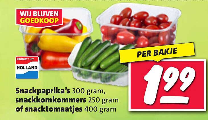 Snackpaprika’s 300 gram, snackkomkommers 250 gram of snacktomaatjes 400 gram